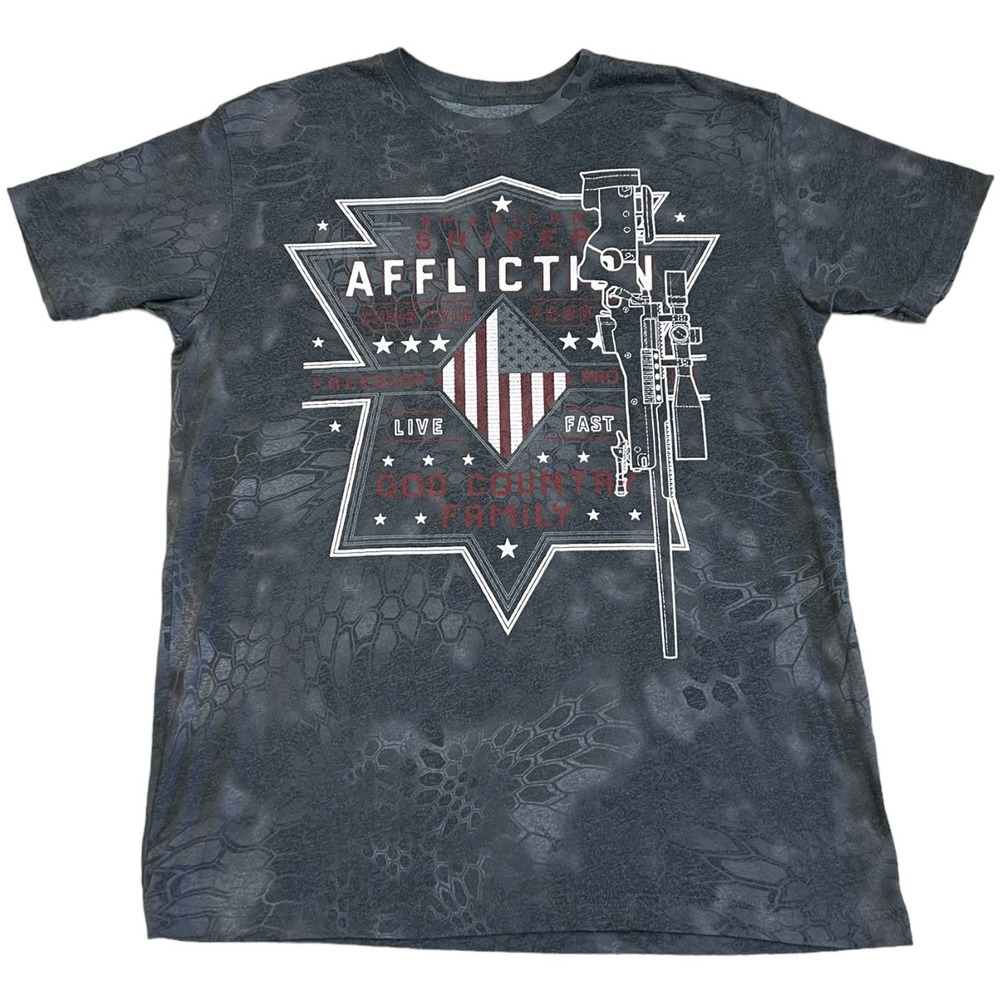 Affliction Black Gray Short Sleeve Graphic Tee with Red White Blue Accent